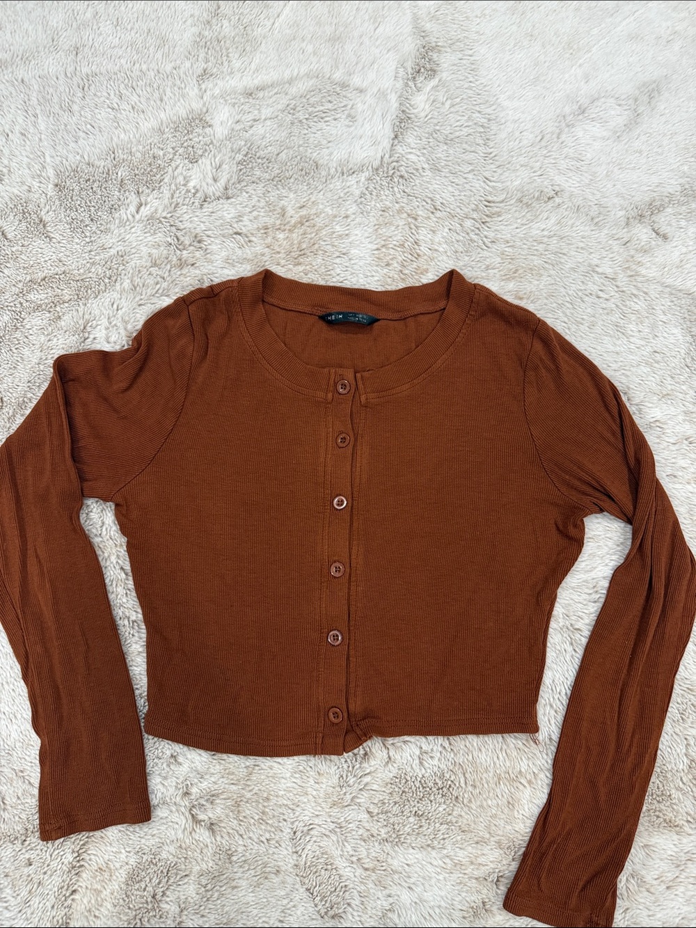 SHEIN Brown Cropped Button-Front Long Sleeve Top